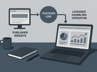 Diagram showing how an iGaming affiliate connects a publisher site, a tracking link and a licensed operator