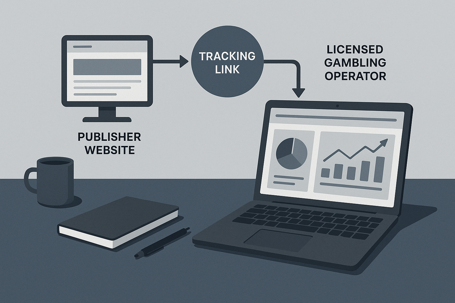 Diagram showing how an iGaming affiliate connects a publisher site, a tracking link and a licensed operator