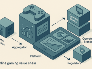 Diagram of the iGaming industry value chain from game providers through platforms to operators and regulators
