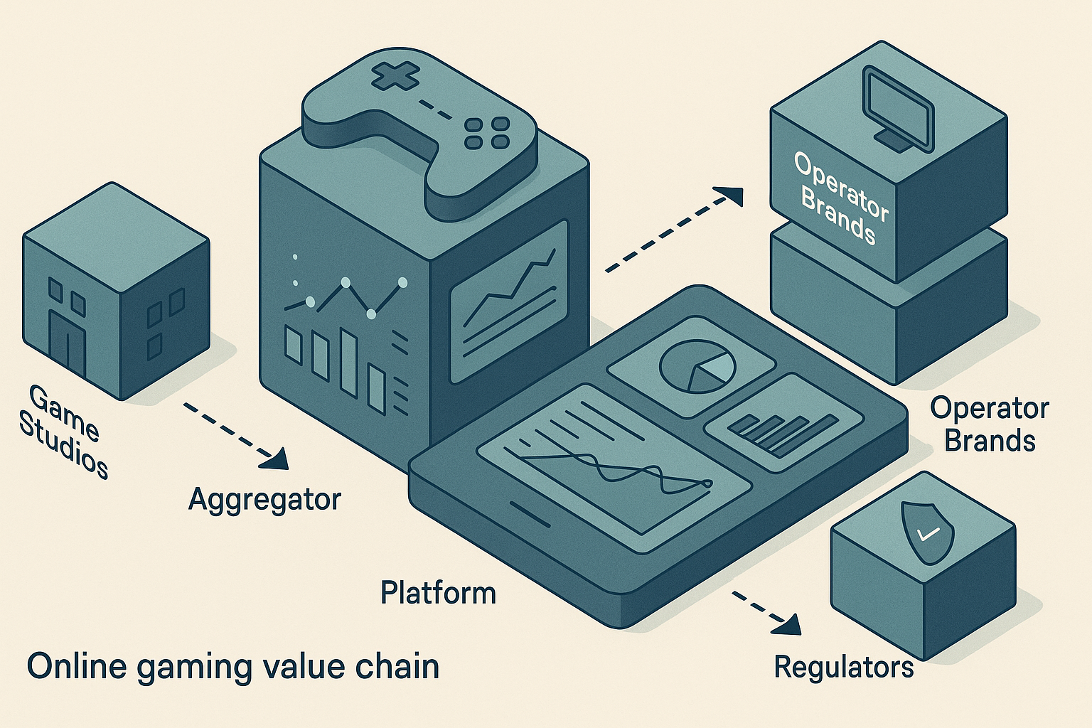 Diagram of the iGaming industry value chain from game providers through platforms to operators and regulators