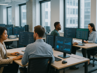 Team of professionals working at computers with analytics and betting data dashboards in an online gaming company office