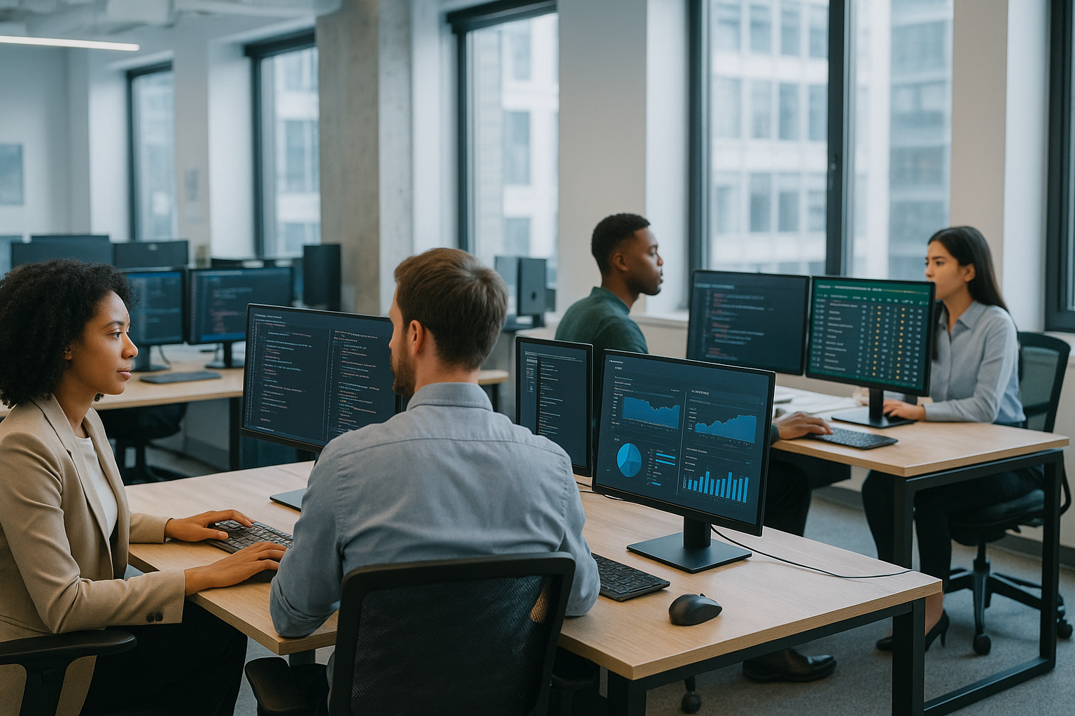 Team of professionals working at computers with analytics and betting data dashboards in an online gaming company office
