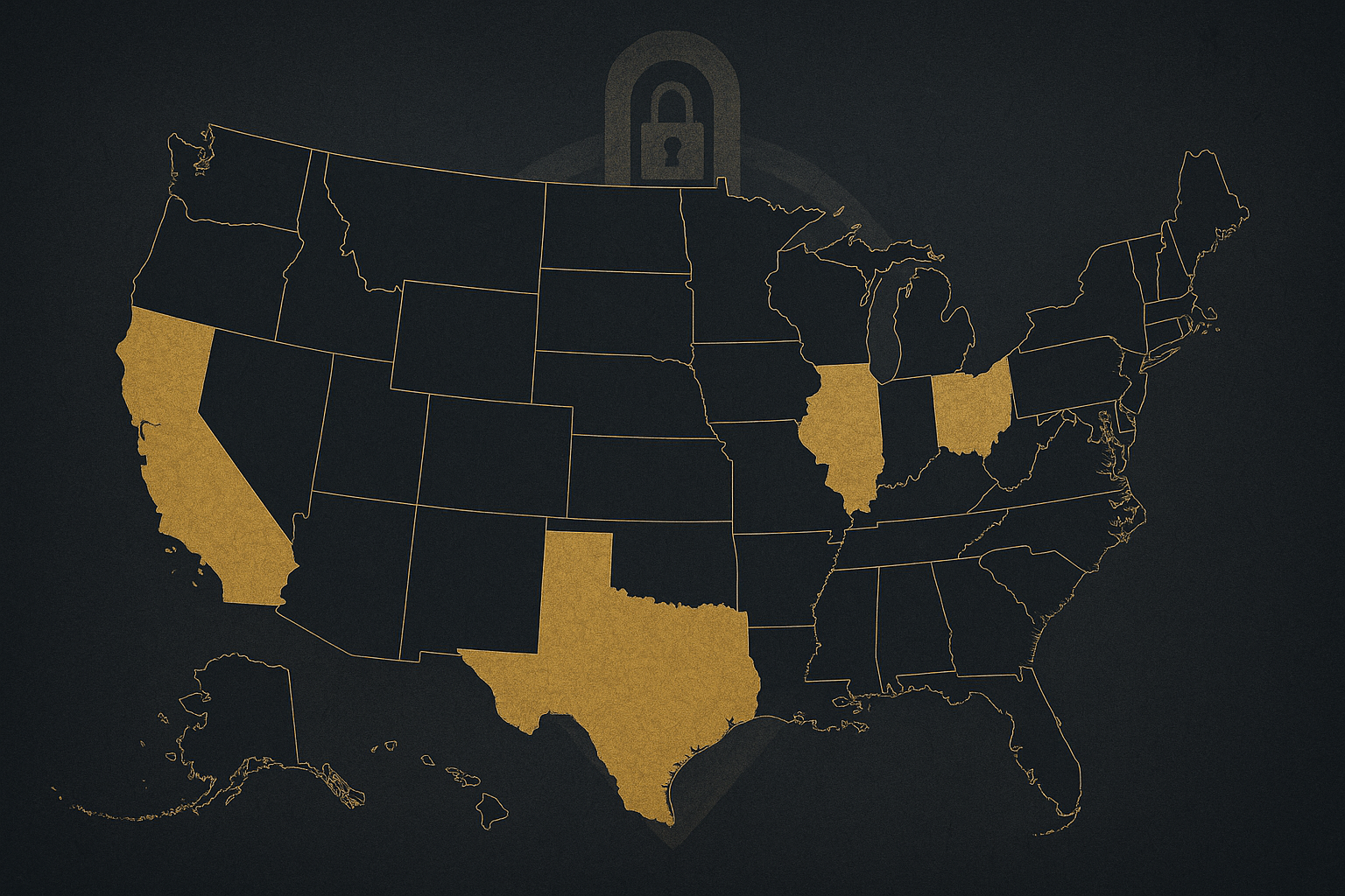 Map of the United States with a few states highlighted, illustrating state-by-state iGaming legality