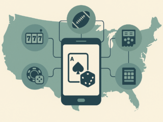 Illustration showing a smartphone connected to icons for casino games, sports betting, poker and lottery over a US map outline