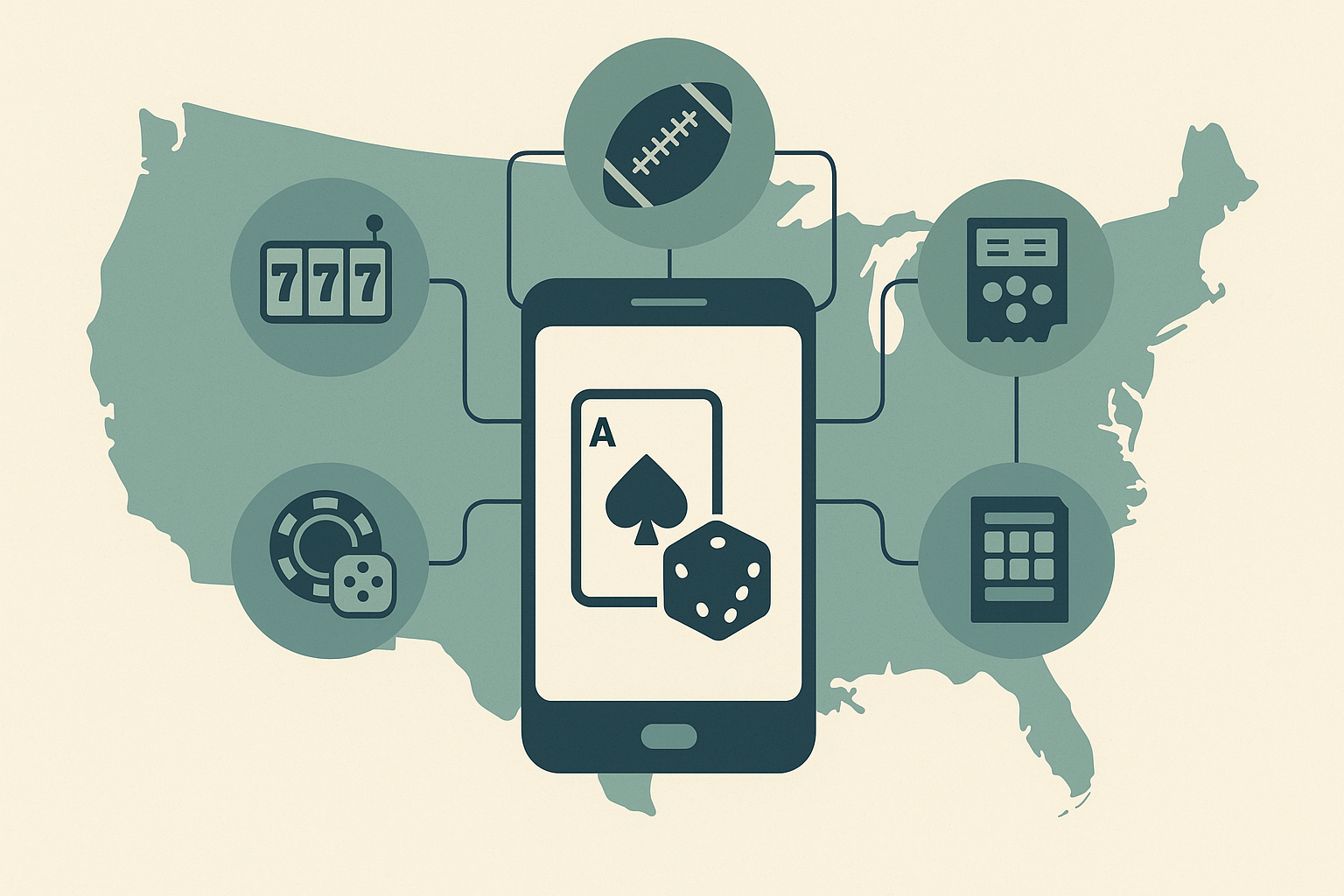Illustration showing a smartphone connected to icons for casino games, sports betting, poker and lottery over a US map outline